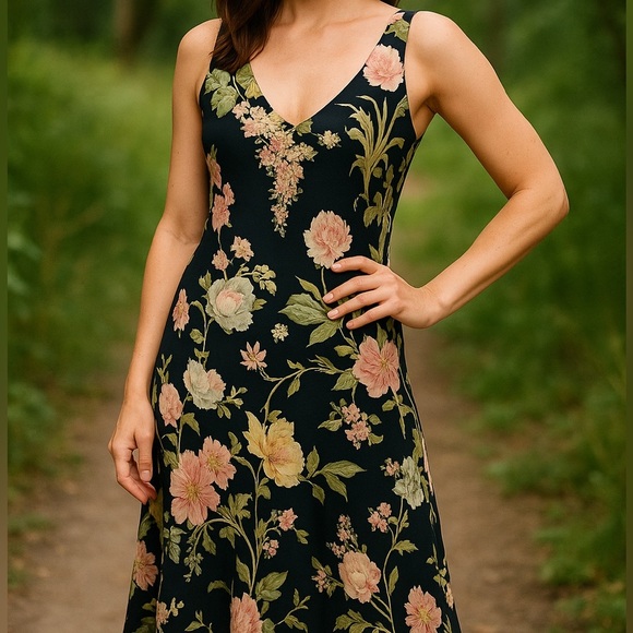 Ralph Lauren Vintage Y2K 90s Silk Slip Dress Black Dark Floral Asymmetrical 10 - Picture 11 of 11